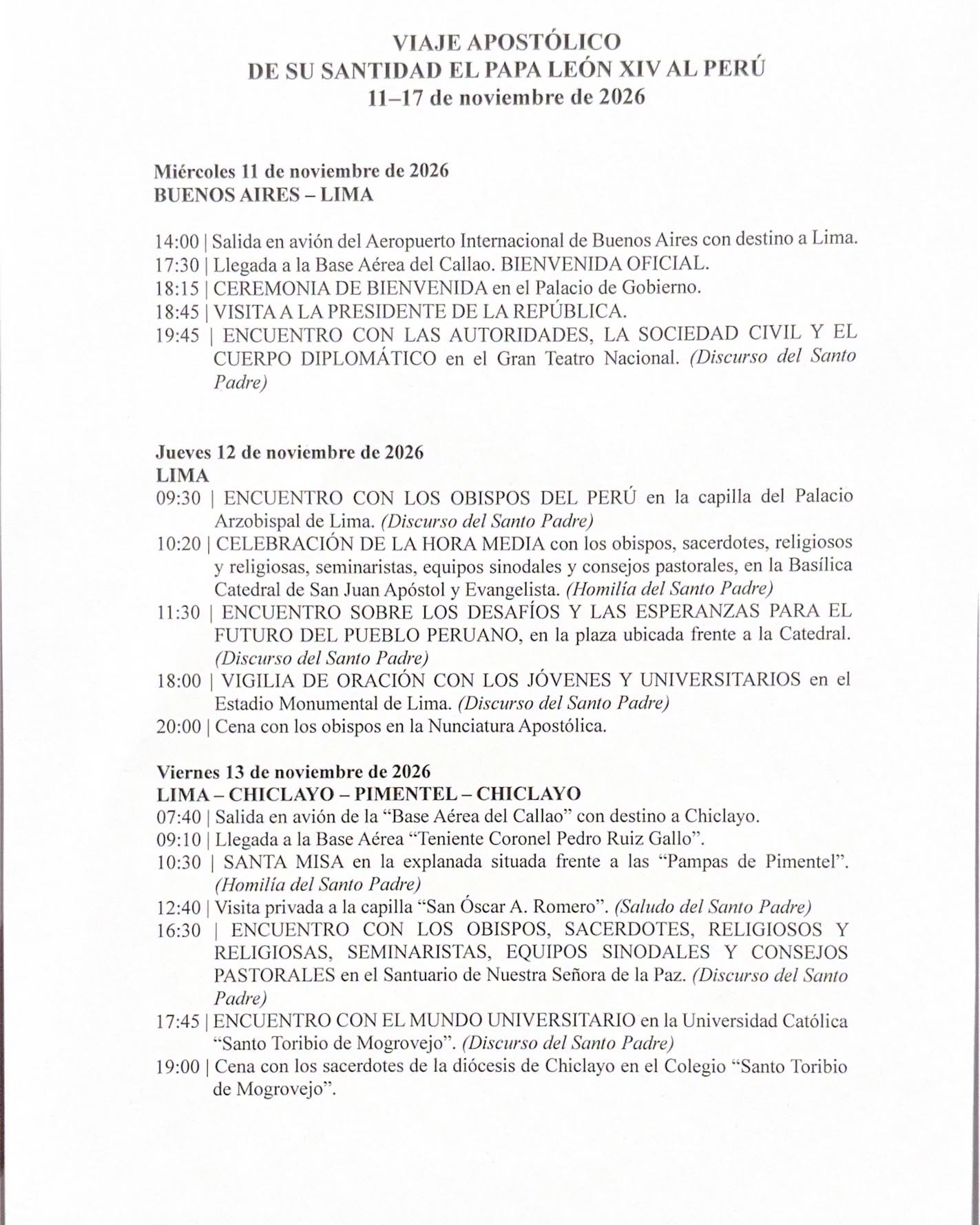 Actividades del Papa León XIV en su visita al Perú - Página 1
